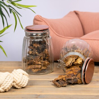 Zwei Glasbehälter gefüllt mit Haustierleckereien, einer umgekippt und verschüttet Leckereien, auf einem Holztisch neben einem Seilspielzeug und einem rosa Haustierbett.