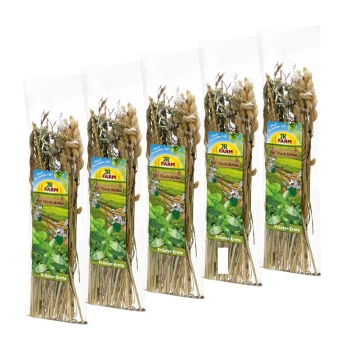 Fünf JR FARM Kräcker-Pakete für kleine Tiere, mit bunten Etiketten, die Cartoon-Hasen zeigen und "Ein Stück Natur."