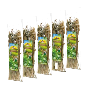 Fünf JR FARM Kräcker-Pakete für kleine Tiere, mit bunten Etiketten, die Cartoon-Hasen zeigen und "Ein Stück Natur."