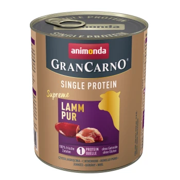 Dose Animonda GranCarno Supreme Lamm Pur, die Lammfleisch zeigt und den Text "100% frische Zutaten" und "1 Protein Quelle."
