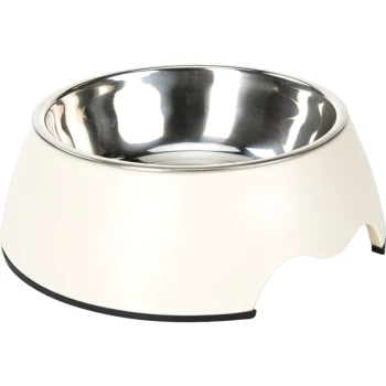 Un bol de nourriture pour animaux de compagnie blanc avec un intérieur en acier inoxydable et une base en caoutchouc noir pour la stabilité.