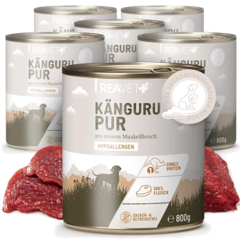 Dosen von Reavet-Tiernahrung mit Aufschrift „Känguru Pur“ — hypoallergen, mit einer einzigen Proteinquelle (Känguru), 100 % Fleisch, zucker- und getreidefrei, 800 g