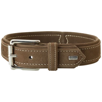 Braunes Leder-Hundehalsband mit weißen Nähten und einer silbernen Schnalle, das ein kleines "HUNTER"-Logoschild trägt.