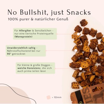 Werbung für Haustiersnacks, die kleine, braune, knusprige Leckerlis mit natürlichen Zutaten, allergiefreundlich und weich für Hunde zeigt.