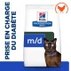 Alimentation diététique Hill's m/d pour chats diabétiques, présentant un chat noir aux yeux jaunes et un collier bleu, avec le texte "PRISE EN CHARGE DU DIABÈTE."