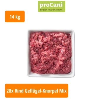 Verpackung von proCani Rind-Poultry-Grieben-Mix für Hunde, mit einem klaren Plastiktablett mit rohem Fleisch, einem Etikett in deutscher Sprache und einem '28x'-Abzeichen.