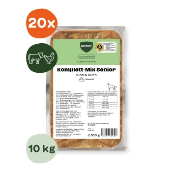 BARFER'S Complete Komplett‑Mix Senior Rind & Huhn 500 g Futterbeutel mit orangefarbenem 20x‑Symbol und grünem 10 kg‑Kreis.