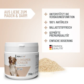 Behälter mit REAVET Flohsamen Schalen (Psylliumschalen) für Hunde, 250g, mit einem glücklichen Hund auf dem Etikett und Text in deutscher Sprache.