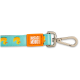 Blaue Haustierleine mit gelbem Entenmuster und orangenem Anhänger mit der Aufschrift "Max & Molly Urban Pets" und Metallverschluss.