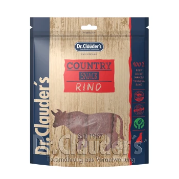 Die Verpackung von Dr. Clauder's Country Snack Rind mit einer Kuhsilhouette, die 100% Rindfleisch und Premiumqualität seit 1957 hervorhebt.