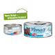 Zwei Dosen "Moments" Katzenfutter: eine größere mit einer grauen Katze und eine kleinere mit der Aufschrift "So Hungry" mit Thunfisch und Garnelen.