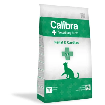 Calibra Veterinary Diets Tasche mit der Formel 'Renal & Cardiac', mit einem grünen Kreuz und der Silhouette einer Katze, beschriftet mit 'Klinisch bewiesen.'