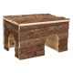 Holzhaustierversteck mit einer natürlichen Rinde-Textur, das zwei bogenförmige Eingänge und eine flache Oberseite aufweist.