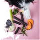 Ein schwarz-weißer Hund nähert sich einem rosa Behälter mit der Aufschrift "Darmwohl Sticks," mit dunklen, zähen Leckerlis, die teilweise sichtbar sind.