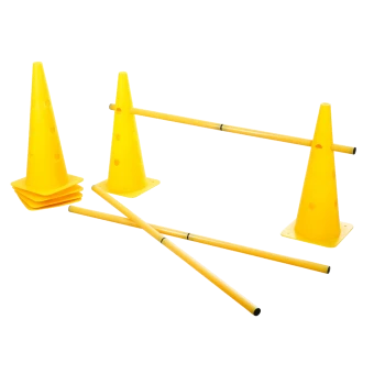 Gelbe Kunststoff-Trainingskegel und Stangen für das Hundesport-Agility-Training auf weißem Hintergrund.