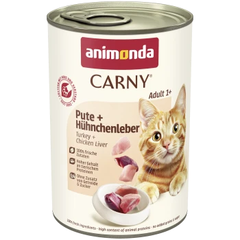 Dose Animonda CARNY Katzenfutter, Adult 1+, Pute + Hühnerleber, mit orangegetigerter Katze, Fleischstücken und Markenlogo.