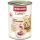 Dose Animonda CARNY Katzenfutter, Adult 1+, Pute + Hühnerleber, mit orangegetigerter Katze, Fleischstücken und Markenlogo.