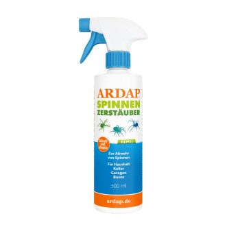 Weiße Sprühflasche mit blauem Sprühkopf, beschriftet 'ARDAP SPINNEN ZERSTÄUBER' – Spinnenabwehr, 500 ml, ardap.de