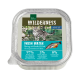 Katzenfutterverpackung mit einer Bengal-Katze an einer Wasserszene, beschriftet "Wilderness Adult Fresh Water" mit Hering, Lachs und Enten-Zutaten.