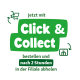 Click & Collect Service im Zoofachgeschäft: online bestellen und nach 2 Stunden im Geschäft abholen, mit Einkaufswagen- und Tierfachschrank-Symbolen.