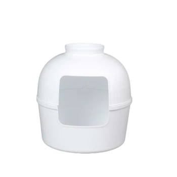 Weiße Katzenstreu-Box mit einer abgerundeten Oberseite und einem offenen Frontzugang, entworfen für einfachen Zugang und Sauberkeit.