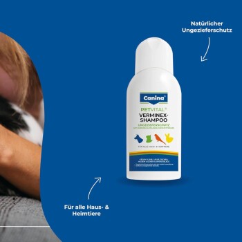 Weiße Canina PETVITAL Verminex-Shampoo-Flasche vor blauem Hintergrund mit Haustier-Symbolen und sichtbarem Text 'Für alle Haus- & Heimtiere'.