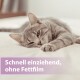 Grau getigerte Katze liegt entspannt auf einem weißen Bett; violettes Banner mit der Aufschrift 'Schnell einziehend, ohne Fettfilm'.