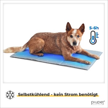 Ein Hund, der auf einer blauen Kühlmatte liegt, mit dem Text, der angibt, dass sie selbstkühlend ist und keinen Strom benötigt, und 5-6 Stunden hält.