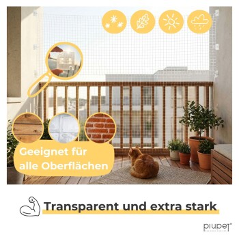 Balkon mit transparentem Tierschutznetz und roter Katze; sichtbarer Text: 'Geeignet für alle Oberflächen', 'Transparent extra stark'.