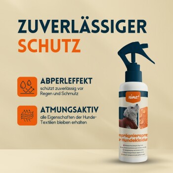 Sprühflasche zum Schutz von Hundebekleidung, beschriftet mit "nimo!" und Text, der wasserabweisende und atmungsaktive Eigenschaften hervorhebt.