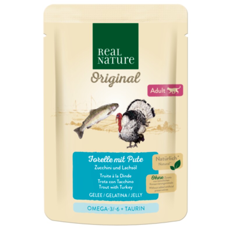 REAL NATURE Original nourriture humide pour chat, Adulte 12x85 g Truite avec dinde, en gelée
