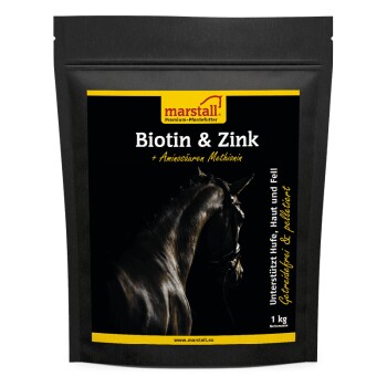 Schwarze Verpackung des marstall Biotin & Zink Pferdesupplements, 1 kg, mit Pferdesilhouette und Text zur Unterstützung von Hufen, Haut und Fell.