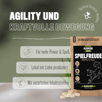 Eine Tüte ALPHAZOO Spielfreude Hundetabletten mit "Agility und kraftvolle Bewegung" und Ansprüchen an Kraft, lokale Produktion und natürliche Zutaten.