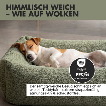 Ein plüschiges grünes Haustierbett, das seine teddybärartige Weichheit, Haltbarkeit, Atmungsaktivität und Sicherheitszertifikate zeigt.