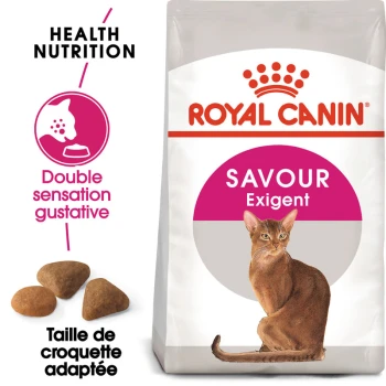 Sac de nourriture pour chats Royal Canin Savour Exigent avec une illustration de chat brun et le texte : "Nutrition Santé" et "Double sensation gustative."