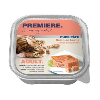 Opakowanie karmy dla kotów z tabby, oznaczone 'Premiere. I love my cat,' z 'Pure Pâté, Rich in Salmon' i 'Adult' wyraźnie wyeksponowanym.