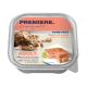 Verpackung für Katzenfutter mit einer getigerten Katze, beschriftet mit "Premiere. Ich liebe meine Katze," mit "Pure Pâté, reich an Lachs" und "Erwachsene" deutlich angezeigt.