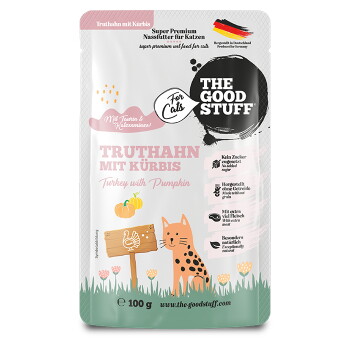 Feuchtfutterbeutel für Katzen 'THE GOOD STUFF' — 'Truthahn mit Kürbis', 100 g, mit illustrierter orangefarbener Katze und Kürbis