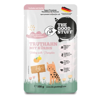 Feuchtfutterbeutel für Katzen 'THE GOOD STUFF' — 'Truthahn mit Kürbis', 100 g, mit illustrierter orangefarbener Katze und Kürbis
