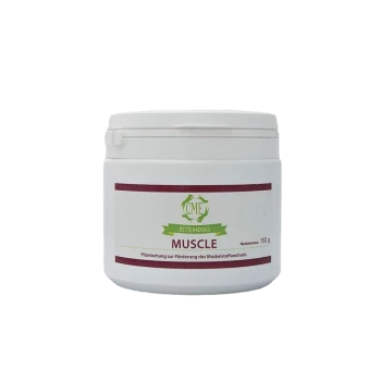 Weißer Behälter mit der Aufschrift "MUSCLE" in grün und kastanienbraun, der ein Supplement für Hunde anzeigt, Nettogewicht 150 g.