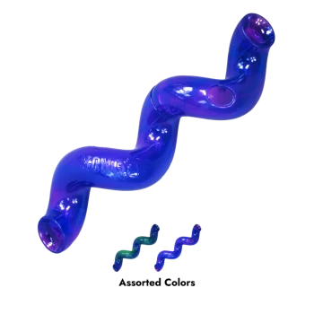 Blue iridescent spiral pet chew toy embossed 'KONG', with two smaller blue-green spiral toys below