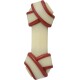 Nylabone Hundekauspielzeug in einem gedrehten Design, mit einer cremefarbenen Basis und roten Akzenten.