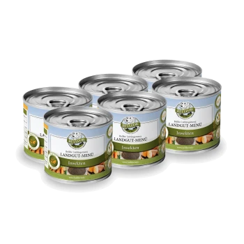 Sechs Dosen Haustierfutter mit der Aufschrift "BELLIOR LANDGUT-MENÜ Insekten", mit einem hellblauen Design und Bildern von Gemüse.