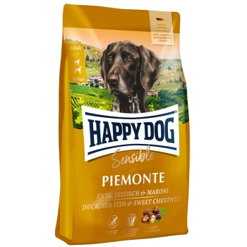 Happy Dog Sensible Piemonte Hundefutterbeutel mit einem braunen Hund auf der Vorderseite, mit Zutaten wie Ente, Seefisch und süßer Kastanie.