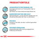 Infografik über die Vorteile von Haustierfutter: Proteinquellen, Unterstützung der Hautbarriere, EPA/DHA für Haut-/Darmgesundheit und Verdauungshilfe.