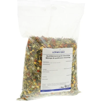 Sac de 5 kg de mélange de nourriture pour chinchilla avec des légumes secs colorés et des herbes, étiqueté en allemand et en français avec ingrédients et informations d'alimentation.