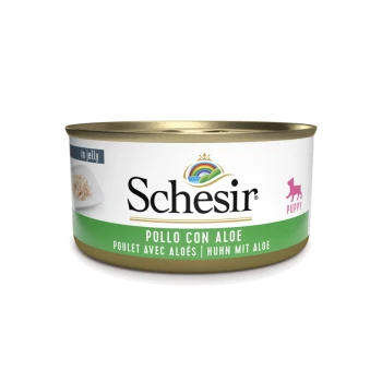Schesir Welpenfutterdose in Gelee mit dem Etikett "Pollo con Aloe" (Hühnchen mit Aloe), mit einem bunten Logo und einem rosa Welpen-Icon.