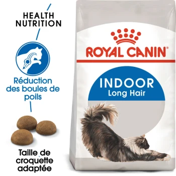 Indoor Long Hair 400 g Sac de nourriture pour chats Royal Canin Indoor Long Hair avec une illustration de chat à poils longs, avec un texte mettant en avant la nutrition santé et la réduction des boules de poils.