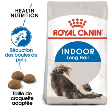 Sac de nourriture pour chats Royal Canin Indoor Long Hair avec une illustration de chat à poils longs, avec un texte mettant en avant la nutrition santé et la réduction des boules de poils.