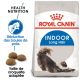 Sac de nourriture pour chats Royal Canin Indoor Long Hair avec une illustration de chat à poils longs, avec un texte mettant en avant la nutrition santé et la réduction des boules de poils.